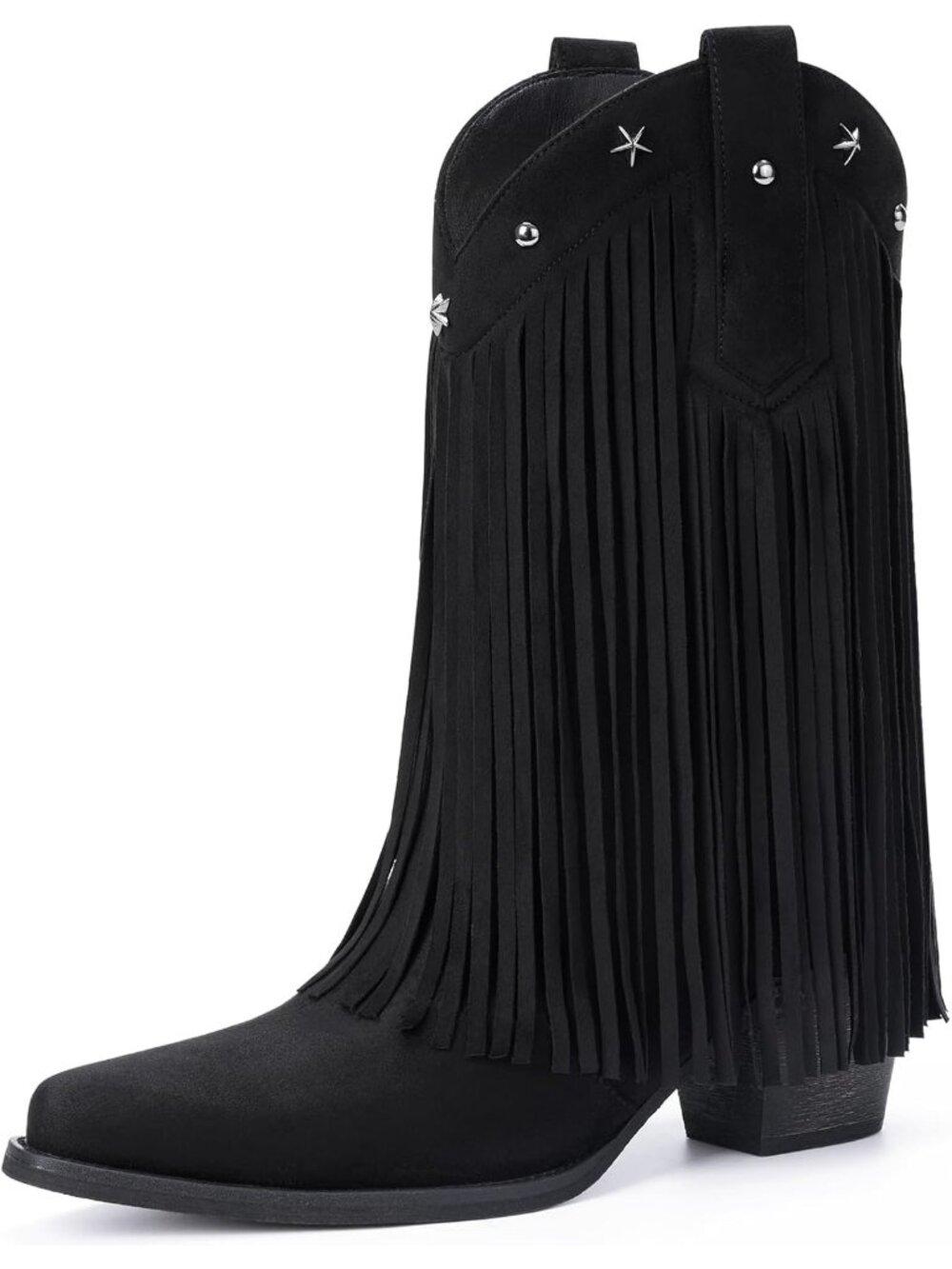 Women's Mid Calf Cowgirl Boot Star Studded Pointed Toe Chunky Heel Black Suede